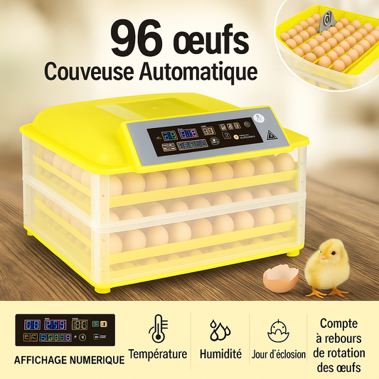 Couveuse automatique 96 œufs-Contrôle digital & rotation automatique. Humidité et température réglables